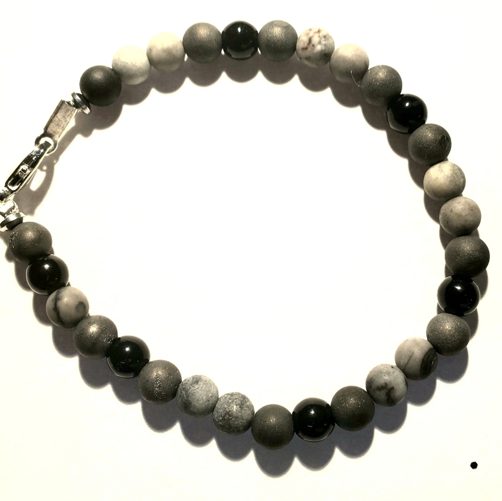 6mm silver agate and grey jasper stretch bracelet